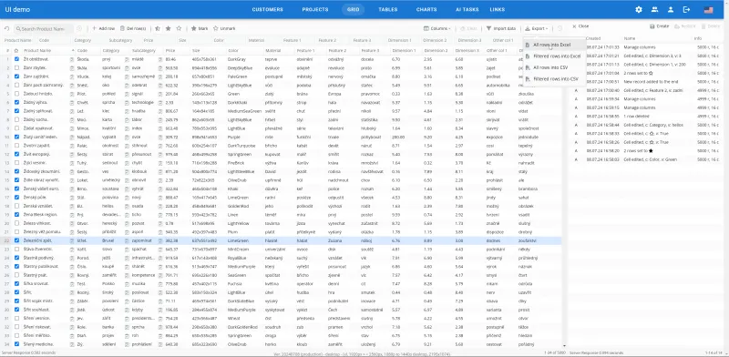 Správa tabulkových dat, historie změn a export do Excelu a CSV v aplikaci Webového rozhraní