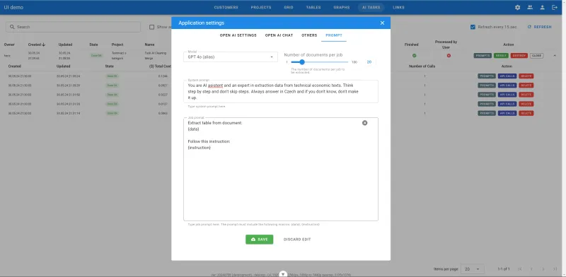 Přehled AI úloh, editace promptů v aplikaci Webového rozhraní