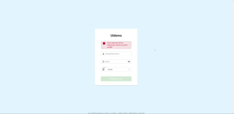 Login do aplikace Webového rozhraní s upozorněním na nedostupný backend